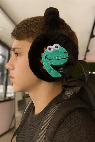 Siyah Renk Dinazor Figürlü Peluş Erkek Çocuk Kulaklık