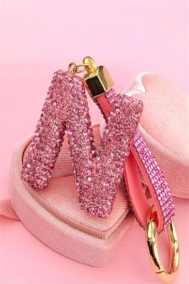 Pembe Renk N Harf Taşlı Çanta Charm/ Anahtarlık