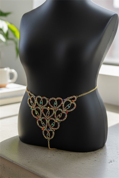 Altın Renk Renkli Taş Detaylı Tanga