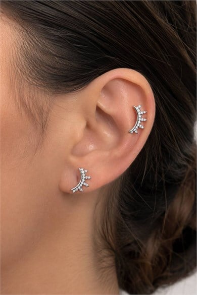 2li Gümüş Renk Taş Detaylı Tx Tragus/Kıkırdak Küpe/Piercing 