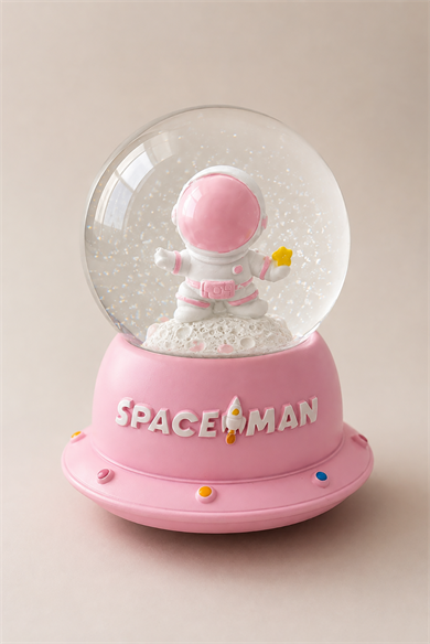Pembe Renk Astronot Figürlü Işıklı Küçük  Kar Küresi
