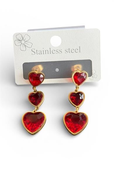 Altın Renk Kırmızı Kalp Detaylı Çelik Küpe (Çift)
