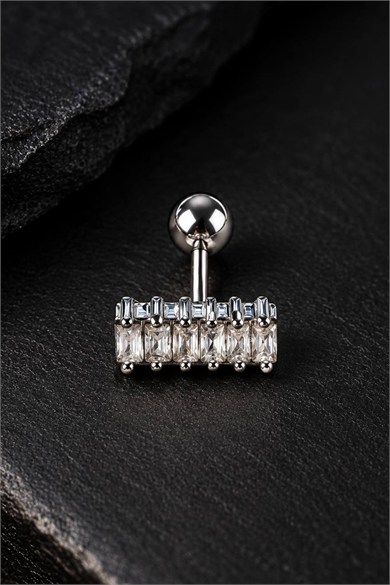 Gümüş Renk Taşlı Cerrahi Çelik Tragus/Kıkırdak Küpe/Piercing (Tek)