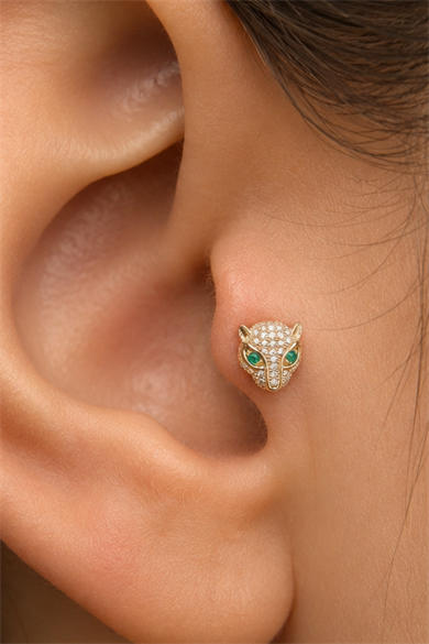 Altın Renk Kaplan Figürlü  Taşlı Cerrahi Çelik Tragus/Kıkırdak Küpe/Piercing (Tek)