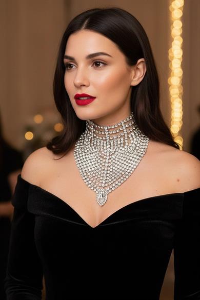 Gümüş Renk Taş Detaylı Tasarım Abiye Kolye