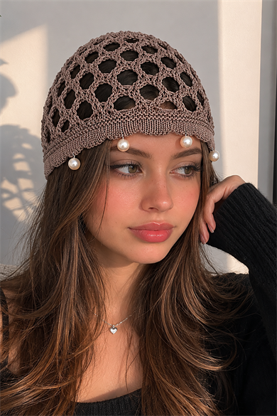 Kahverengi İnci Detaylı Örgü Saç Bandana