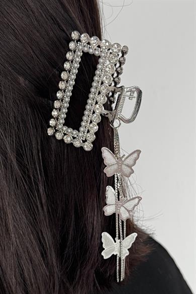 Gümüş Renk Kelebek Figürlü Taş Detaylı Sallantılı Mandal Toka