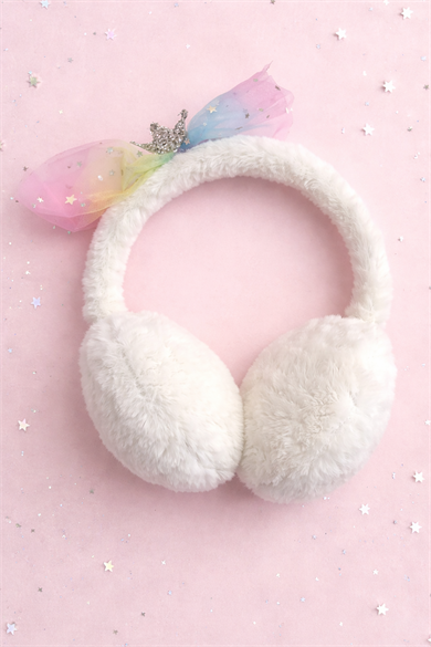 Beyaz Renk Kurdele Figürlü Peluş Kulaklık