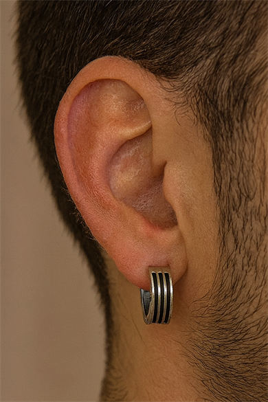 Gümüş Ve Siyah Renk Çelik Erkek Küpe (Çift)