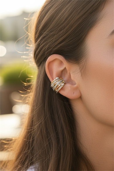 Altın Ve Gümüş Renk Taş Detaylı 14K Altın Kaplama TX Ear Cuff (Tek)