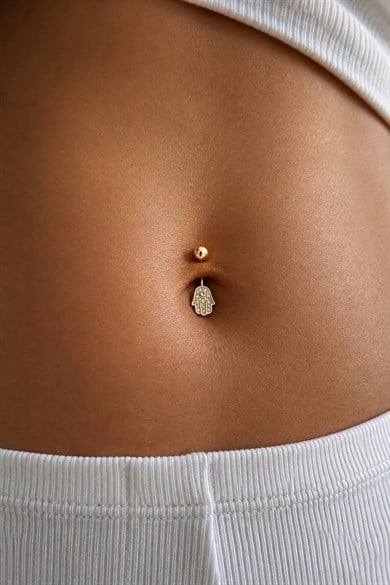 Altın Renk Fatma Ana Eli Figürlü Taşlı Cerrahi Çelik Göbek Piercing