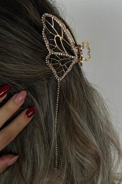 Altın Renk Kelebek Figürlü Taş Detaylı Metal Mandal Toka