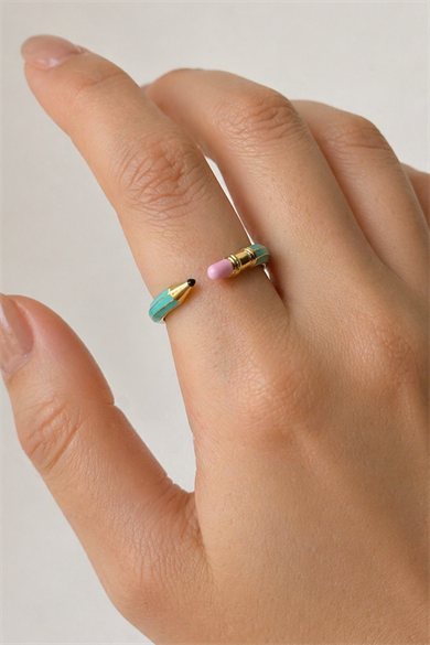 Altın Ve Turkuaz Renk Kalem Figürlü Ayarlanabilir Yüzük