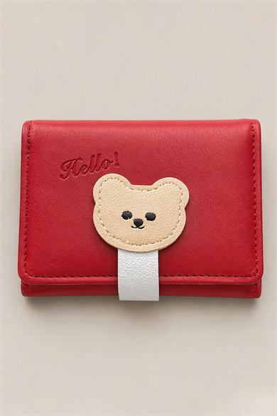 Bordo Renk Ayıcık Figürlü Cüzdan/Kartlık