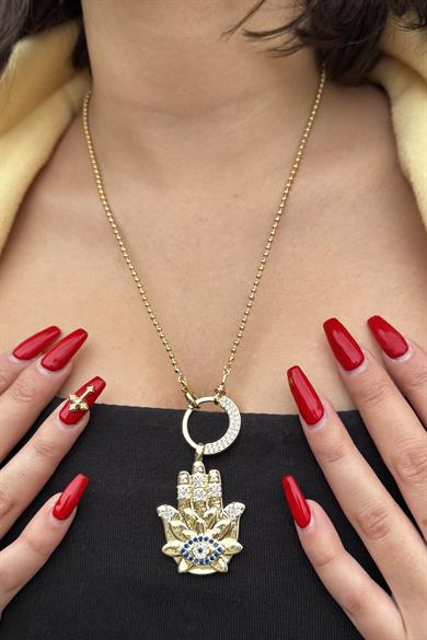 Altın Renk Göz Ve El Figürlü 14K Altın Kaplama VİP Kolye