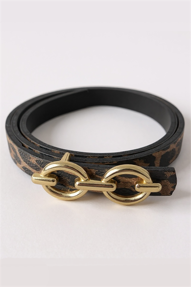 Altın Renk Leopar Desenli Kadın Deri Kemer