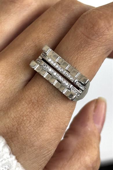 Gümüş Renk Taş Detaylı Ayarlanabilir Çelik Yüzük