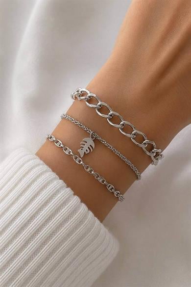 Gümüş Renk Zincir Detaylı 3lü Çelik Bileklik Set