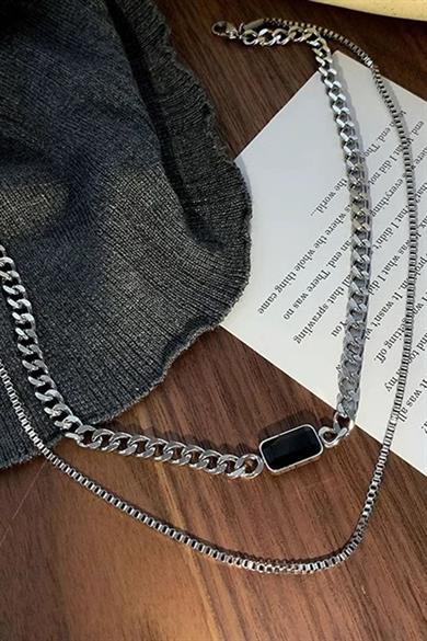Gümüş Renk Taş Detaylı Erkek İkili Zincir Çelik Kolye 