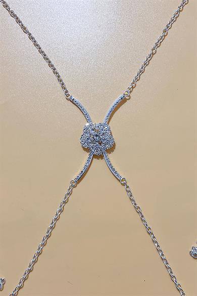 Gümüş Renk Çiçek Figürlü Taş Detaylı Tasarım Vücut Aksesuar