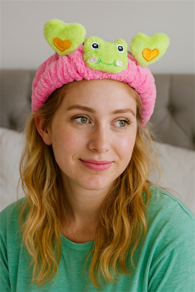 Pembe Ve Yeşil Renk Kurbağa Figürlü Peluş Saç Bandı