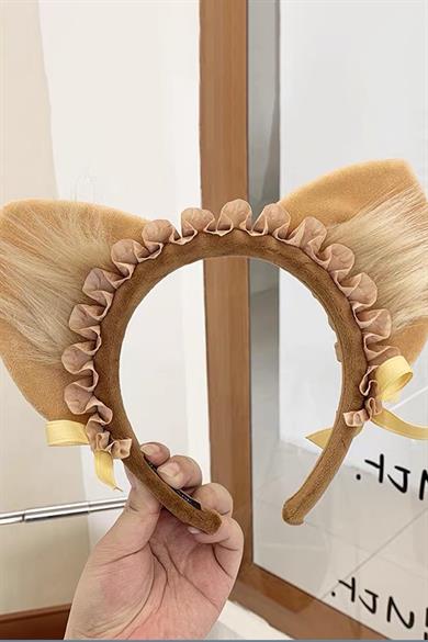 Kahverengi Kedi Kulak Detaylı Peluş Taç