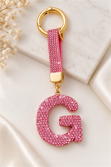 Pembe Renk G Harf Taşlı Çanta Charm/ Anahtarlık