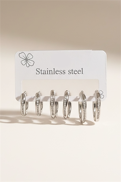 6lı Gümüş Renk Taş Detaylı Çelik Küpe Set