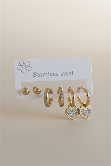 Altın Renk 6lı Karışık Figürlü Taşlı Çelik Küpe Set