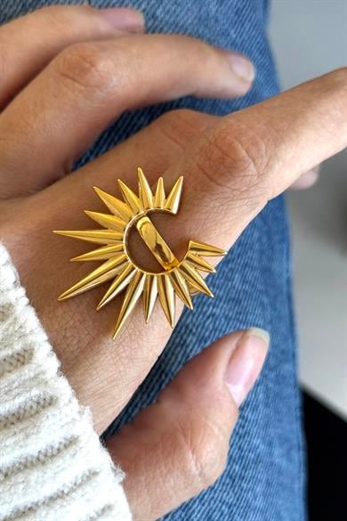 Altın Renk Güneş Figürlü Ayarlanabilir Çelik Yüzük