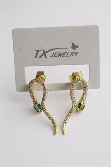 Altın Renk Yılan Figürlü Taş Detaylı 14K Altın Kaplama TX Küpe (Çift)