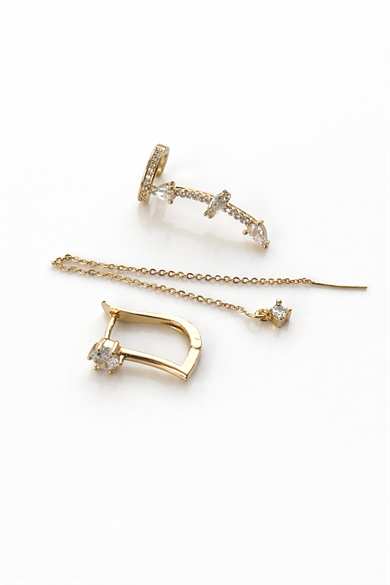 Altın Renk Taş Detaylı 3lü YSX Küpe Set