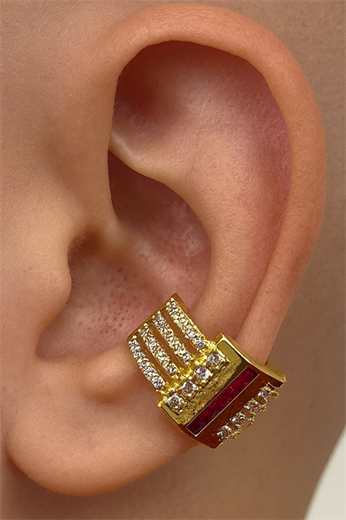 Altın Renk Taş Detaylı 14K Altın Kaplama TX Ear Cuff (Tek)