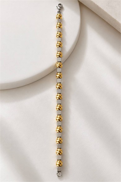 Altın Ve Gümüş Renk Top Detaylı Unisex Çelik Bileklik 