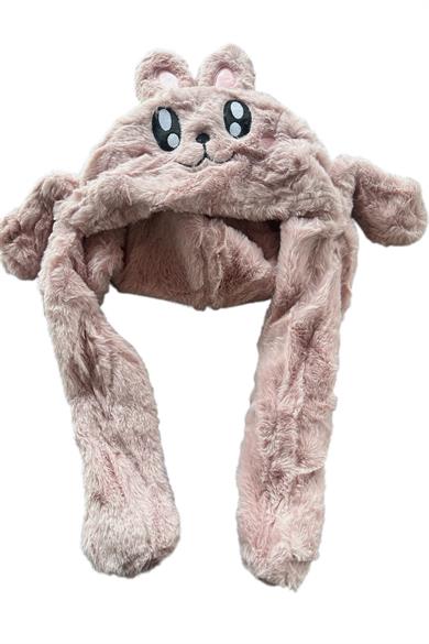 Pudra Renk Tavşan Figürlü Kulakları Oynayan Peluş Şapka
