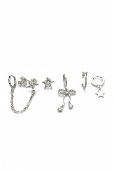 6lı Gümüş Renk Taş Detaylı Küpe Set