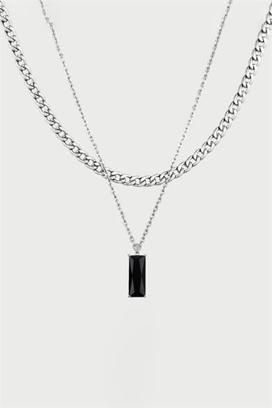 Gümüş Renk Taş Detaylı Erkek İkili Zincir Çelik Kolye 