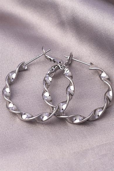 Gümüş Renk Burgu Detaylı 30Mm Halka Küpe (Çift)