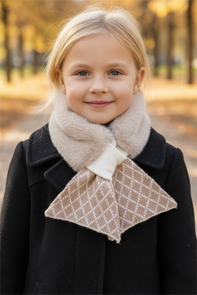 Krem Renk Çizgili Çocuk Peluş Atkı