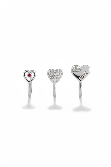 Gümüş Renk Karışık Figürlü Deliksiz Kulak/Burun 3lü Piercing Set