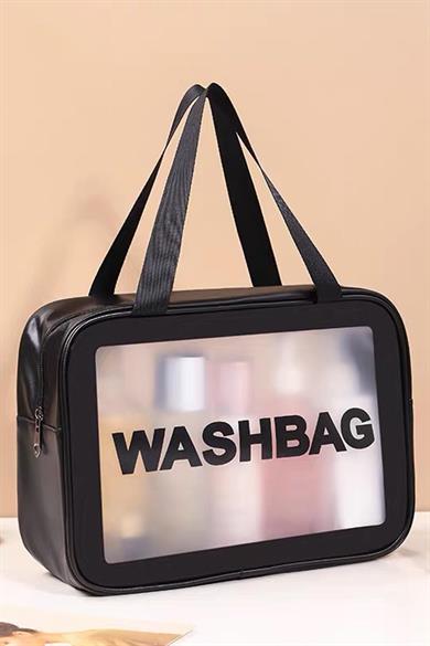 Siyah Renk Washbag Yazılı Su Geçirmez Büyük Boy Makyaj Çantası