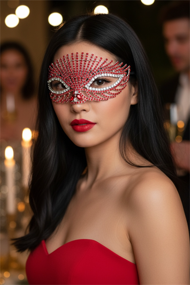 Gümüş Renk Kırmızı Taş Detaylı Tasarım Parti Maskesi