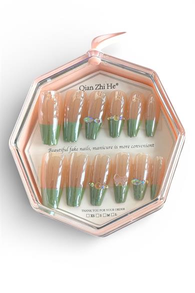 12li Yeşil Ve Pudra Renk Jel Görünümlü Takma Tırnak (Yapıştırıcılı)