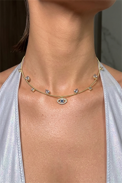 Altın Renk Göz Figürlü Taş Detaylı Choker Kolye