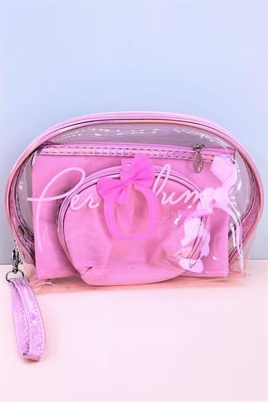 Açık Pembe Renk 3lü Şeffaf Makyaj Çantası