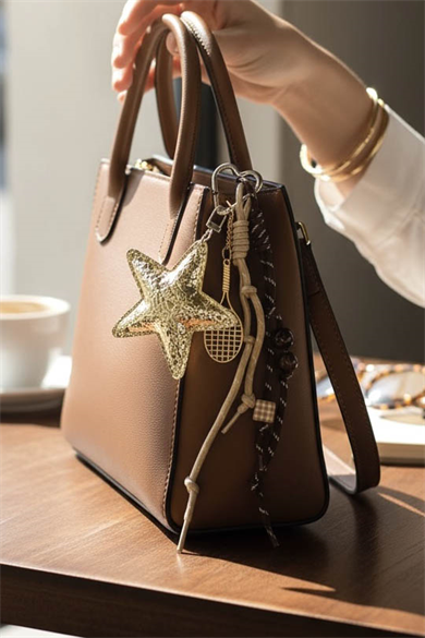 Kahverengi Yıldız Ve Raket Figürlü Çanta Charm/ Anahtarlık