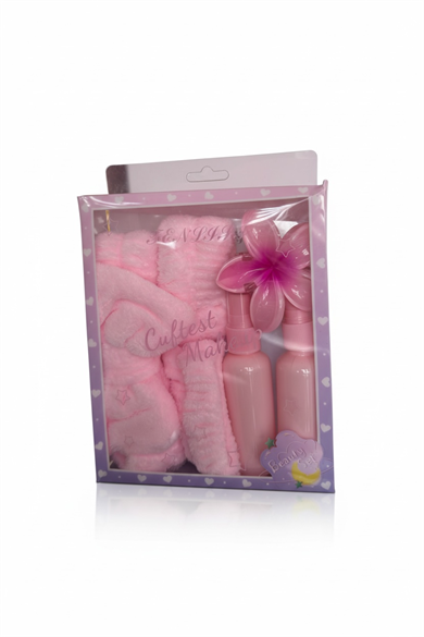Pembe Renk Peluş Saç Bandı-El Havlu-Mandal Toka Ve 2 Adet Sprey Şişe Set