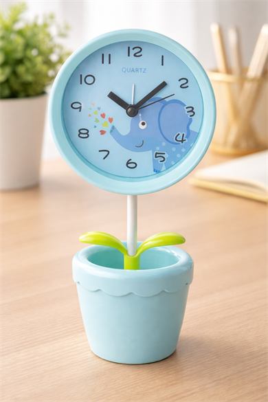 Mavi Renk Saksı Figürlü Alarmlı Masa Saati