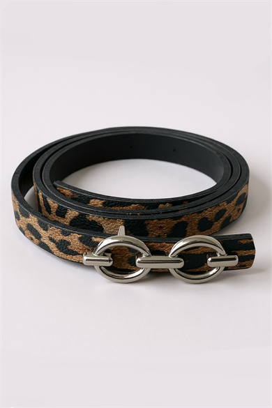 Gümüş Renk Leopar Desenli Kadın Deri Kemer