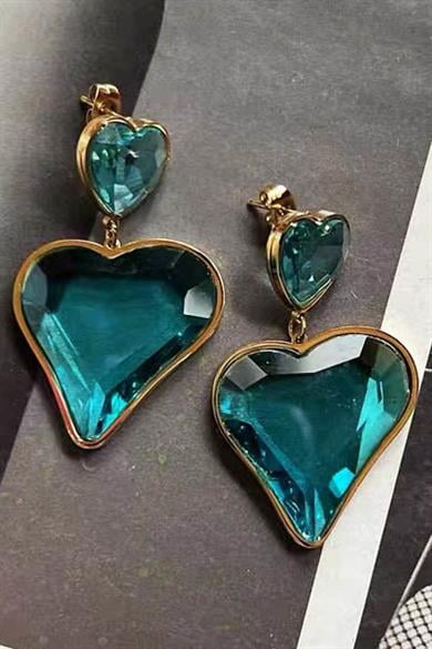 Altın Renk Mavi Taş Detaylı Kalp Figürlü Çelik Küpe (Çift)